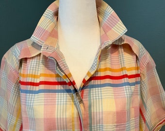 Large - c.1980s Liz Claiborne Plaid Poly-Cotton Button-Down Camp Shirt