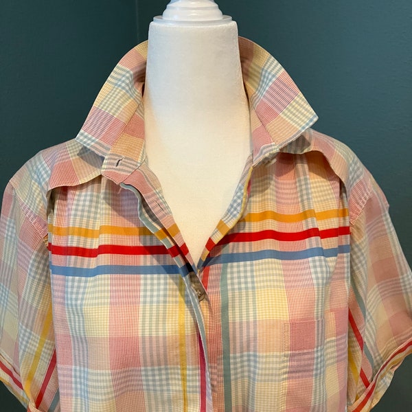 Large - c.1980s Liz Claiborne Plaid Poly-Cotton Button-Down Camp Shirt