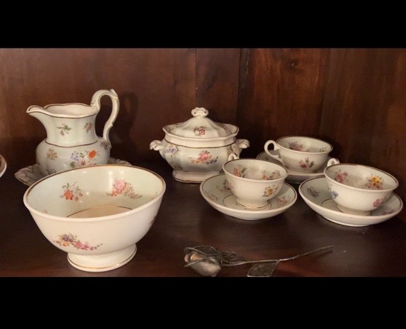 Antique French Style Blue and White Tea Set with Hand-Painted Floral Pattern - Child's, Toy, or Cabaret