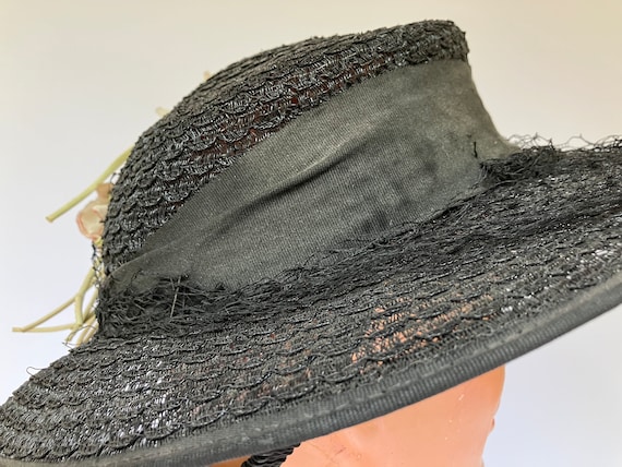 1930s-1940s Black Woven Wide Brim Hat with Millin… - image 4
