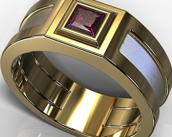 Anello da uomo con rubino / Anello da uomo in oro / Anello da uomo unico / Anello da uomo in oro inciso / Anello da uomo con rubino quadrato / Anello rosso e oro