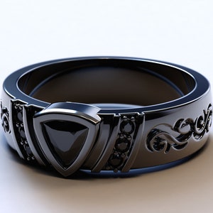 Mens Tribal Wedding Band / Black Gold Wedding Band / Mens Black Diamond Wedding Band / Dark Wedding Band / Mens Trillion Black Diamond Ring