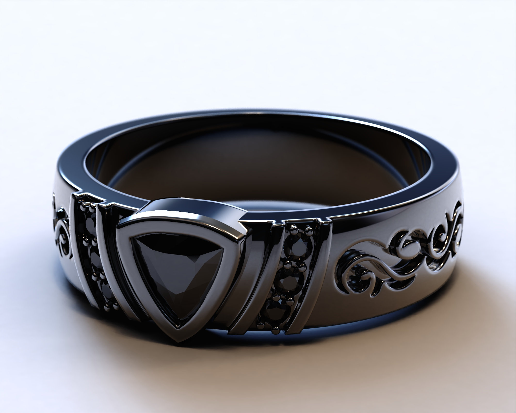 Mens Tribal Wedding Band / Black Gold Wedding Band / Mens Black Diamond Wedding Band / Dark Wedding Band / Mens Trillion Black Diamond Ring