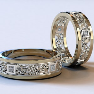 His and Hers Wedding Bands, Matching Wedding Bands Set, Diamond Wedding Bands Set, Two Tone Gold Ring Set, Matching Wedding Band Set