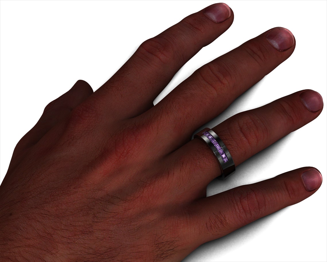Mens Amethyst Wedding Band / Mens Black Gold Wedding Band / Etsy