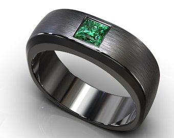 Smaragdvigselring / Herrvigselring i svart guld / Herrvigselring i smaragd / 14K guldring i mattborstad guld / Gotisk vigselring