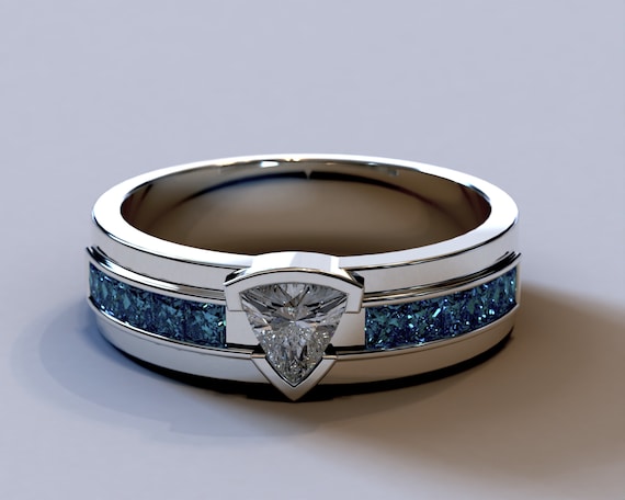 Blue Diamond Solitaire Brushed Wedding Mens Ring 14K White Gold - Etsy  Israel
