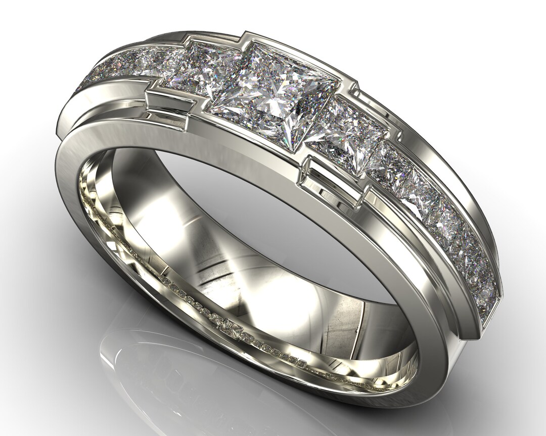 Diamond White Gold Mens Wedding Band Brilliant Etsy