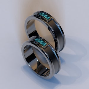 Blue Diamond Wedding Band / Unique Diamond Engagement Ring / Fine Diamond Jewelry / 14K Gold Wedding Band Set / Black Wedding Band Set