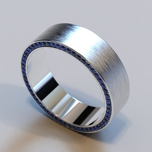 Sapphire Mens Wedding Bad / White Gold Mens Ring / Brushed Gold Wedding Band / Hidden Gemstone Band / Masculine Wedding Band / Unique Ring