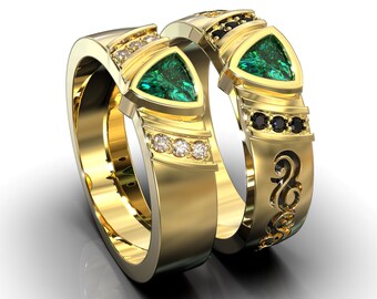Mens Emerald Wedding Band, Unique Wedding Rings For Men, Diamond Wedding Band For Men, His And His, Fine Jewelry, Yellow Gold Wedding band