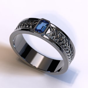 Black Gold Sapphire Ring / Mens Black Gold Wedding Band / Mens Sapphire Ring / Sapphire Wedding Band / Tribal Wedding Band / Engraved Gold