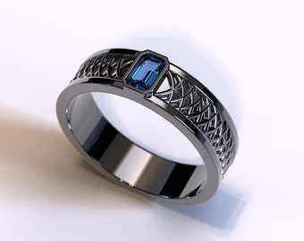 Black Gold Sapphire Ring / Mens Black Gold Wedding Band / Mens Sapphire Ring / Sapphire Wedding Band / Tribal Wedding Band / Engraved Gold