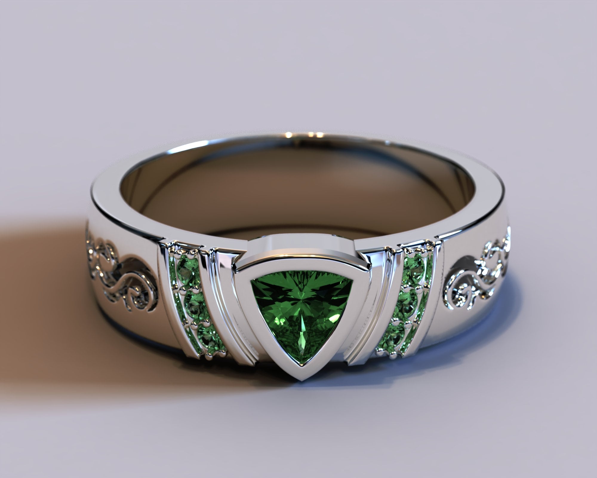 Emerald Men Ring / Men's Tribal Engraved Wedding Band / 14K White Gold Wedding Band / Men's Emerald Wedding Bands / Man Wedding Band