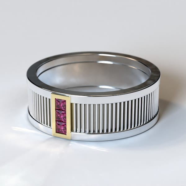 Tweekleurige gouden trouwring / unieke herentrouwring / Robijnrode trouwring voor mannen / witgouden herentrouwring / gouden herentrouwring