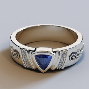 Mens White Gold Wedding Band / Blue Sapphire Band / Mens Wedding Ring / Mens Diamond Band / Tribal Engraving Ring / Unique Wedding Band
