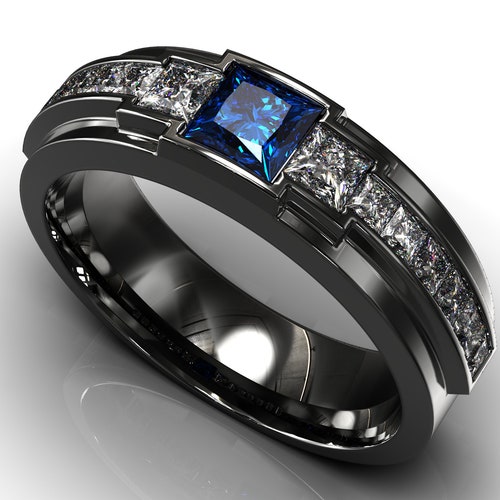 Sapphire Wedding Band / Black Gold Wedding Band / Mens Black Etsy