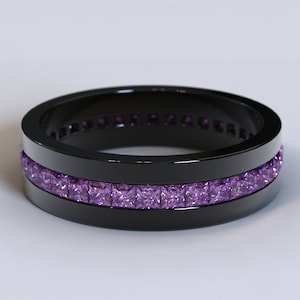 Amethyst Mens Wedding Band / Black Gold Wedding Band / Black Wedding Bands / Purple Amethyst Black Gold Band / Man Wedding Ring