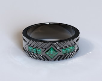 Emerald Wedding Band / Black Gold Wedding Band / Mens Black Gold Ring / Mens Emerald Band / Mens Wedding Band Black Gold / Mens Ring