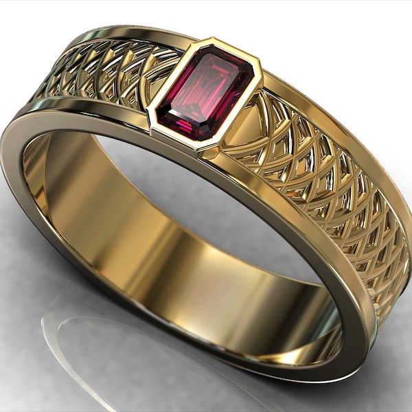 Rubin Herrenring / Roter Rubin Gold Herren Ehering / Gold Ehering Herren Vintage Stil / Ehering mit Gravur / Smaragdschliff Rubin Ring