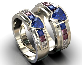 Sapphire Ring For Men, Matching Wedding Bands, Unique Wedding Rings Men, White Gold Wedding band Set, Fine Jewelry, His And His, 14K Gold