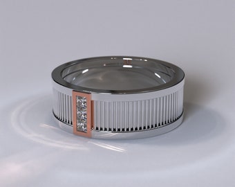 Zweifarbiger Gold Ehering / Diamant-Ehering / Strukturierter Herrenring / Einzigartiger Ehering für Männer / Bräutigam Diamant-Ehering