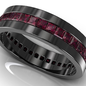Mens Unique Black Gold Band / Mens Ruby Wedding Band / Ruby Encrusted Band / Unique Mens Wedding Band / Black And Red Wedding Band