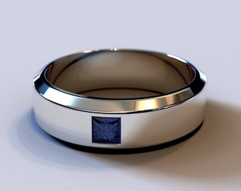 Man Sapphire Wedding Band / White Gold Wedding Ring / Unique Sapphire Ring / Blue Sapphire Band / Unique Handmade Wedding band For Men
