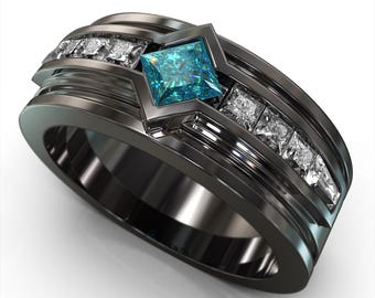 Blue Diamond Mens Wedding Band Black Gold Diamonds