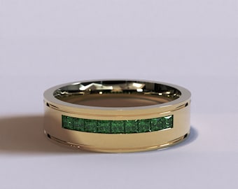 Emerald Gold Mens Wedding Band  / Mens Channel Ring / Mens Gold Wedding Band / Mens Emerald Wedding Band / Mens Gold Wedding Ring
