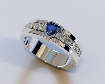Man Sapphire Wedding Band / White Gold Man Ring / Man Sapphire Ring / Man Wedding Band / Man Diamond Ring / Mens Sapphire Wedding Band