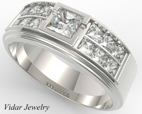 Men's Wedding Band White Gold Diamond Ring Unique | Etsy
