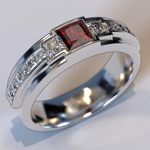 Ruby Diamond Mens Wedding Band / White Gold Wedding Band / Mens Ruby Ring / Mens Wedding Ring / Mens Diamond Band / Diamond Bezel Ring