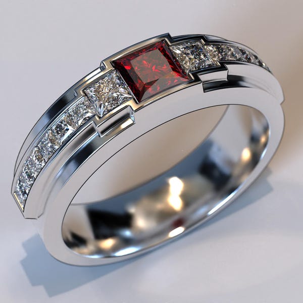 Ruby Diamond heren trouwring / witgouden trouwring / Ruby herenring / herentrouwring / heren diamanten band / diamanten ring