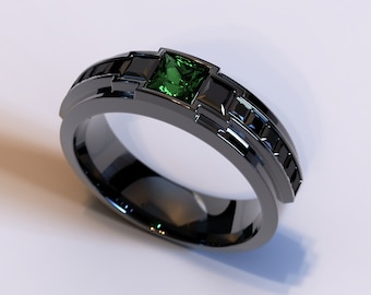 Mens Dark Wedding Band / Unique Emerald Wedding Band / Black Gold Mens Wedding Band / Black Diamond Band / Masculine Dark Wedding Ring