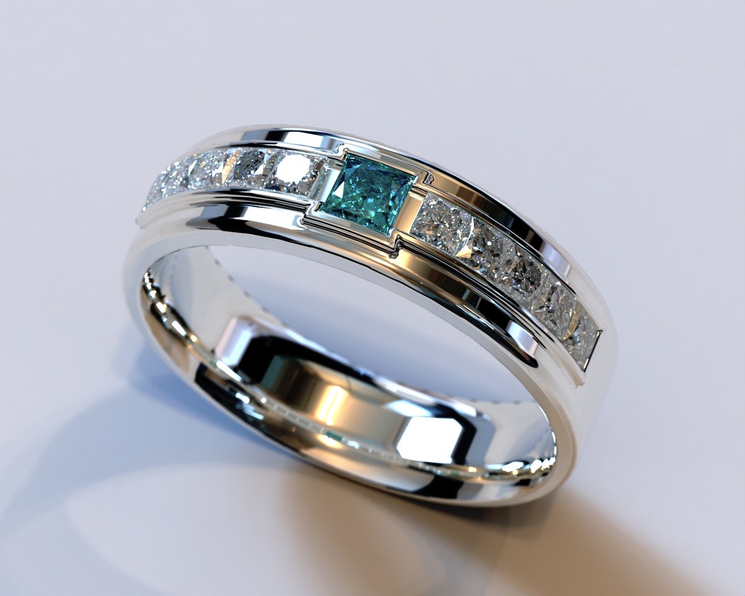Mens Blue Diamond Ring / Diamond Wedding Band / White Gold Mens Band ...