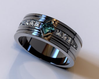 Black Gold Men's Wedding Band / Blue Diamond Wedding Band / Blue Diamond Ring Men / Blue Diamond Men's Rings / Black Gold Ring With Diamonds