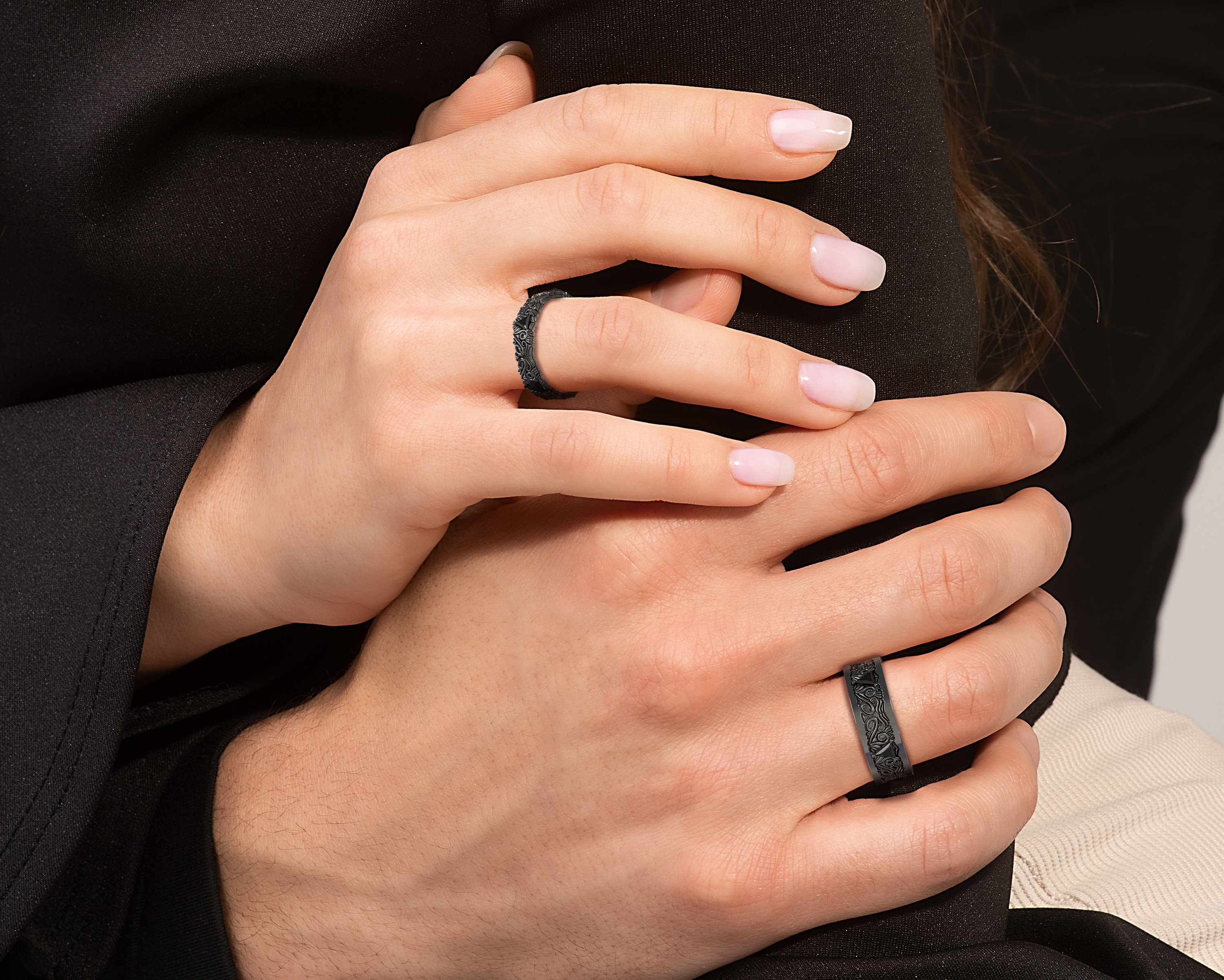 Geometric Black Onyx Ring Kite Ring Set with Women Curve Stacker Diamond  Band