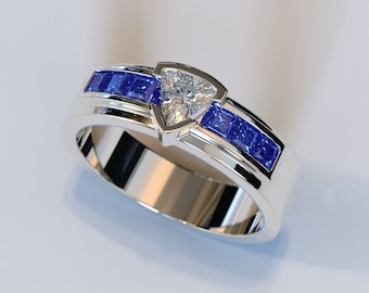 Mens Wedding Band / Unique Wedding Ring / Sapphire Wedding Band / Mens Diamond Ring / Bezel Wedding Ring / White Gold Mens Wedding Band