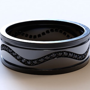 Mens Brushed Gold Wedding Band / Man Black Gold Ring / Mens Black Diamond Wedding Band / Black Diamond Trail Ring / Gothic Wedding Band