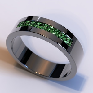 Anello da uomo con smeraldo, anello da uomo con smeraldo, fede nuziale in oro nero, fede nuziale da uomo con smeraldo, anello a canale da uomo, fascia da uomo in oro nero