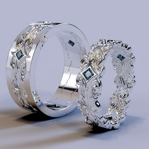 Blue Diamond Matching Wedding Bands Set / 14K White Gold Engagement Ring Pair / Couples Promise Rings / Celtic Ring Set