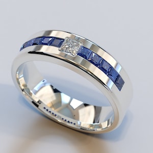 White Gold Sapphire Band / Mens Sapphire Ring / Custom Wedding Band Mens / Mens Unique Wedding Band / Diamond White Gold Ring / Unique Ring