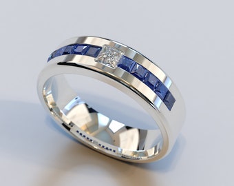 White Gold Sapphire Band / Mens Sapphire Ring / Custom Wedding Band Mens / Mens Unique Wedding Band / Diamond White Gold Ring / Unique Ring