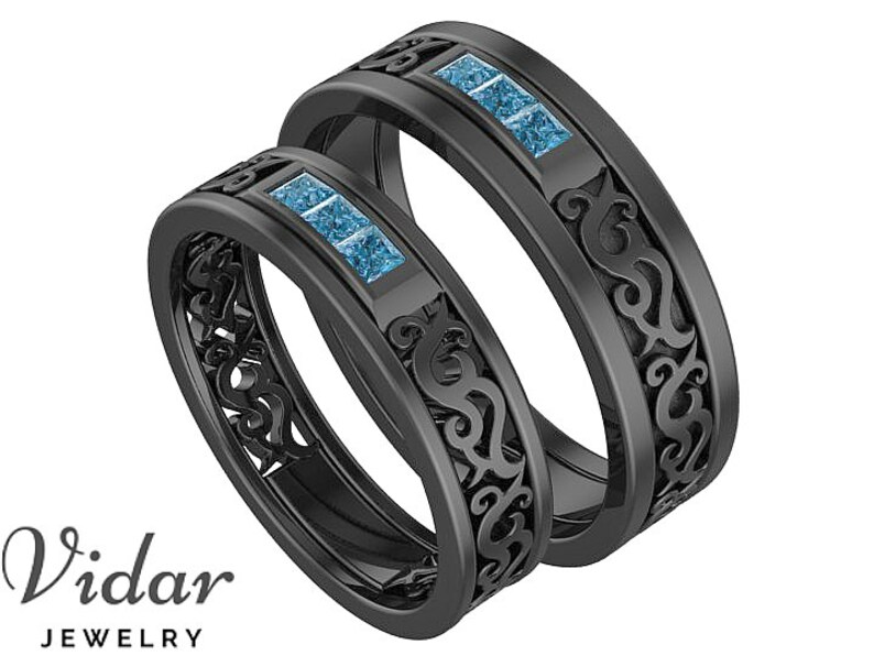 Black Gold Matching Wedding Band His And Her Blue Diamond Etsy