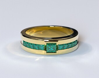 Yellow Gold Emerald Band / Mens Emerald Ring / Mens Yellow Gold Ring / Mens Unique Wedding Band / Emerald Yellow Gold Ring / Unique Ring