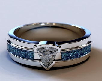 Anello di nozze in platino con diamanti blu / Anello da uomo in platino 950 / Anello con diamanti taglio trilione / Anello da uomo con diamanti / Anello da uomo in platino con diamanti