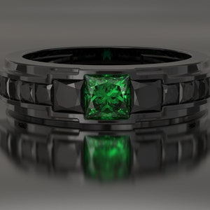 Unique Emerald Wedding Band / Mens Platinum Wedding Band / Black Gold Wedding Band / Green Emerald Men Wedding Ring / Perfect Square Emerald