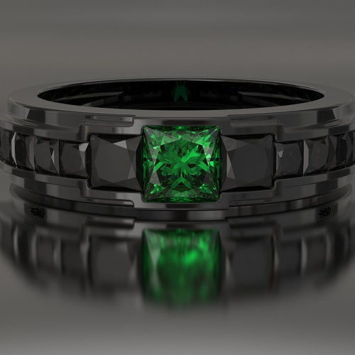 Mens Emerald Band / Emerald Wedding Band / Black Gold Wedding Etsy