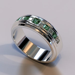 Men's Emerald Wedding Bands / Emerald Ring For Men / Man Diamond Wedding Band / Diamond Wedding Band / Two Stone Wedding Band / Emerald Ring